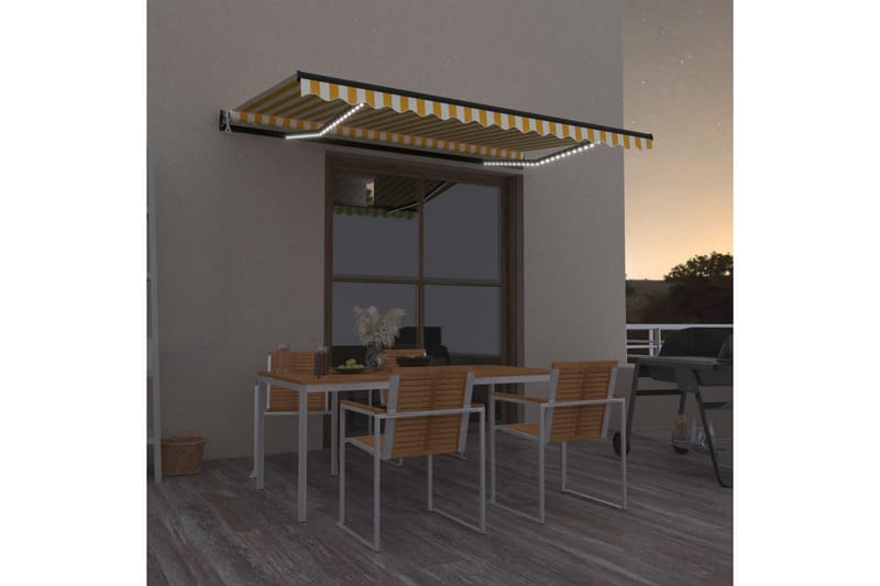 Automatisk markis med vindsensor & LED 450x350 cm gul/vit - Gul - Balkongmarkis - Markiser - Terrassmarkis