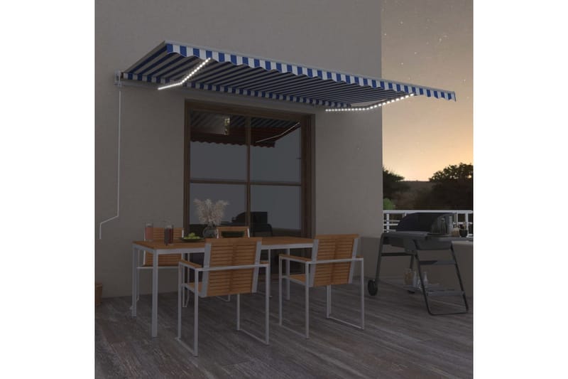Automatisk markis med vindsensor & LED 500x350 cm blå och vi - Blå - Utemöbler - Solskydd - Markiser - Balkongmarkis