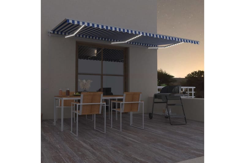 Automatisk markis med vindsensor & LED 600x350 cm blå och vi - Blå - Utemöbler - Solskydd - Markiser - Balkongmarkis