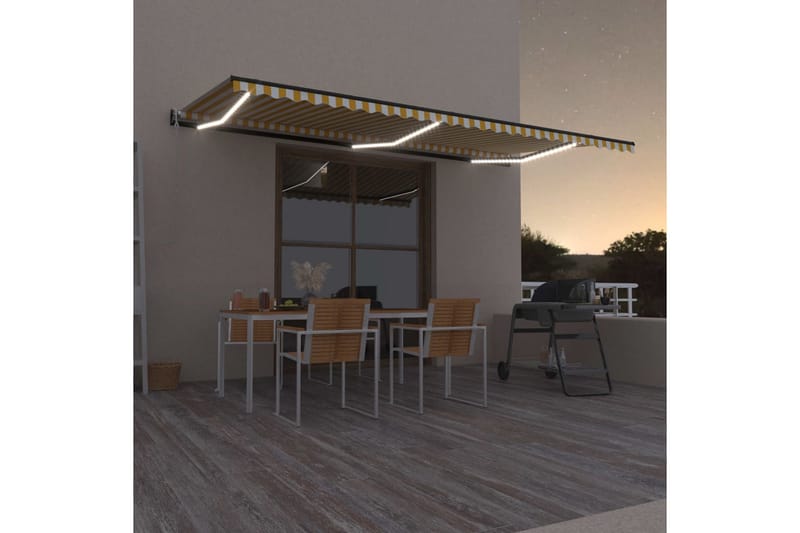 Automatisk markis med vindsensor & LED 600x350 cm gul/vit - Gul - Utemöbler - Solskydd - Markiser - Balkongmarkis