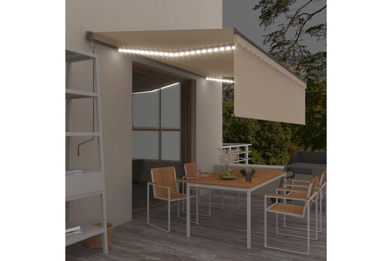 Manuell markis med rullgardin och LED 5x3m gräddvit - Vit - Utemöbler - Solskydd - Markiser - Fönstermarkis