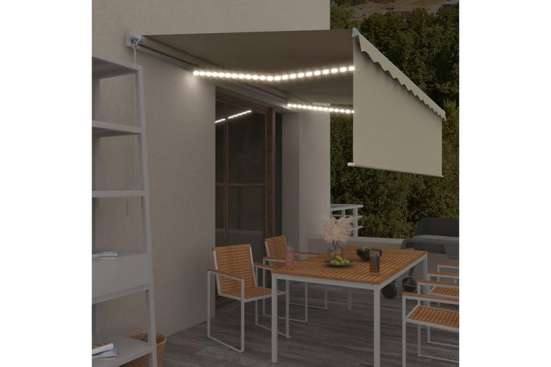 Manuell markis med rullgardin och LED 5x3m gräddvit - Vit - Utemöbler - Solskydd - Markiser - Fönstermarkis