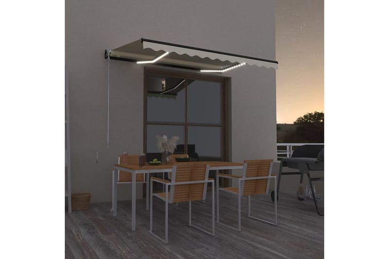 Markis manuellt infällbar med LED 350x250 cm gräddvit - Vit - Balkongmarkis - Markiser - Terrassmarkis