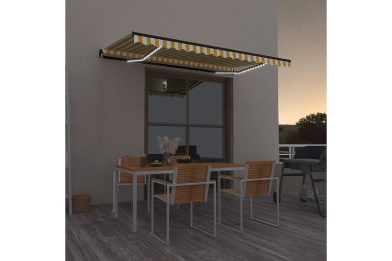 Markis manuellt infällbar med LED 450x350 cm gul och vit - Gul - Utemöbler - Solskydd - Markiser - Balkongmarkis