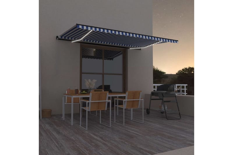 Markis manuellt infällbar med LED 500x300 cm blå och vit - Blå - Utemöbler - Solskydd - Markiser - Balkongmarkis