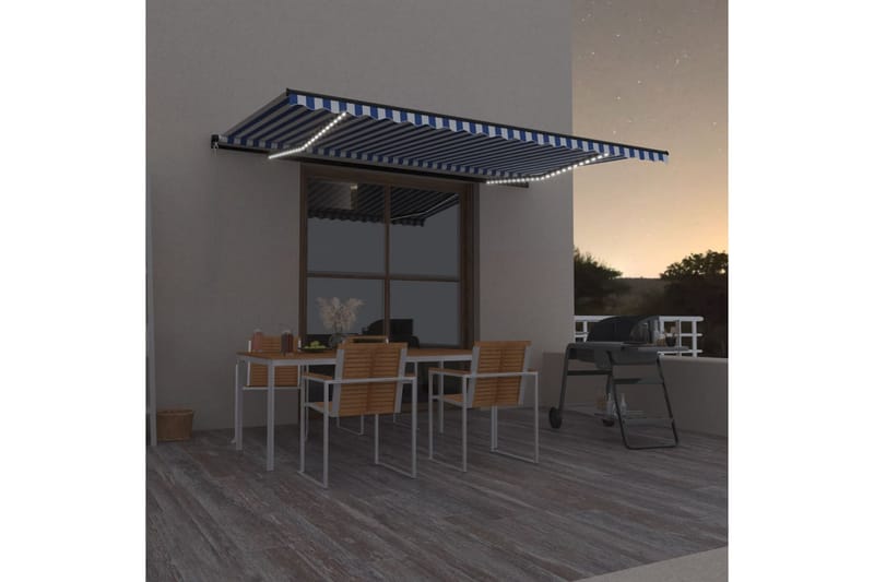 Markis manuellt infällbar med LED 500x350 cm blå och vit - Blå - Utemöbler - Solskydd - Markiser - Balkongmarkis