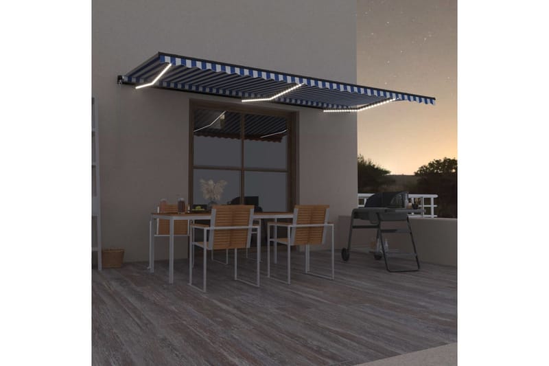 Markis manuellt infällbar med LED 600x300 cm blå och vit - Blå - Utemöbler - Solskydd - Markiser - Balkongmarkis