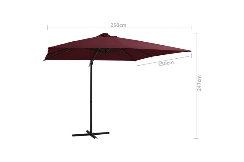 Frihängande parasoll med LED vinröd 250x250 cm - Vinröd - Utemöbler - Solskydd - Parasoll - Hängparasoll & frihängande parasoll