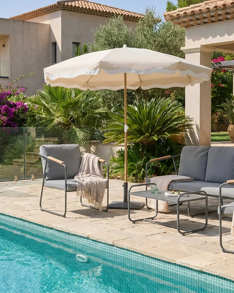 Parasoll utomhus 232 cm Sestriere - beige/vit/brun - Utemöbler - Solskydd - Parasoll - Balkongparasoll