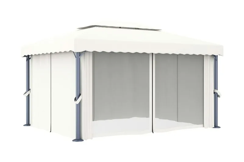Paviljong med draperi 4x3 m gräddvit aluminium - Vit - Utemöbler - Solskydd - Paviljong - Komplett paviljong
