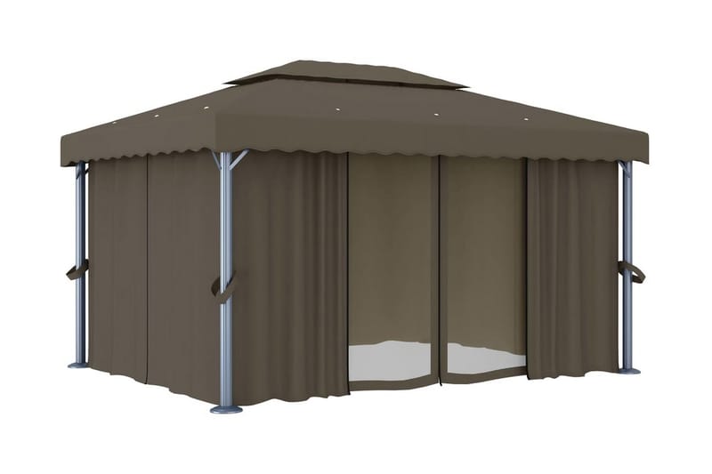 Paviljong med draperi och ljusslinga LED 4x3 m taupe - Brun - Utemöbler - Solskydd - Paviljong - Komplett paviljong