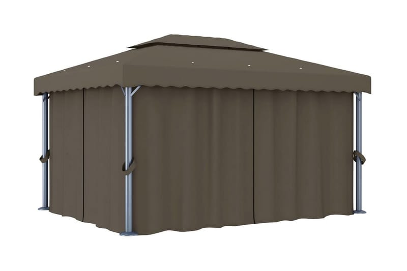 Paviljong med draperi och ljusslinga LED 4x3 m taupe - Brun - Utemöbler - Solskydd - Paviljong - Komplett paviljong