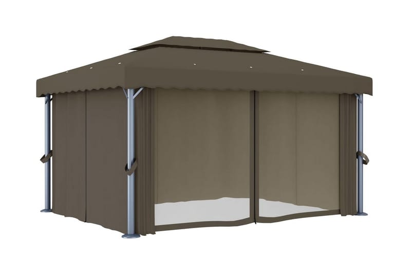 Paviljong med draperi och ljusslinga LED 4x3 m taupe - Brun - Utemöbler - Solskydd - Paviljong - Komplett paviljong