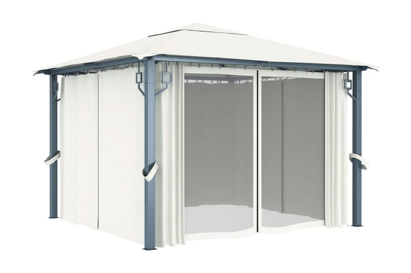 Paviljong med draperier 300x300 cm gräddvit aluminium - Vit - Utemöbler - Solskydd - Paviljong - Komplett paviljong