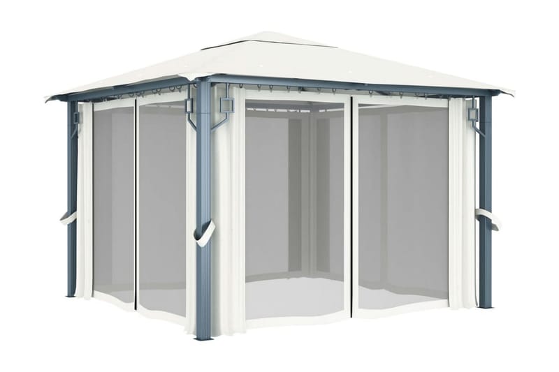 Paviljong med draperier 300x300 cm gräddvit aluminium - Vit - Komplett paviljong