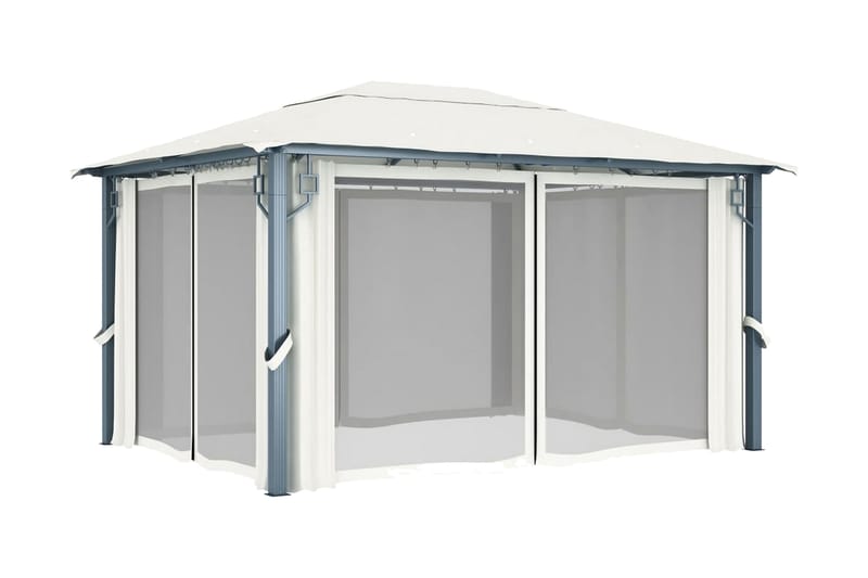 Paviljong med draperier 400x300 cm gräddvit aluminium - Vit - Komplett paviljong