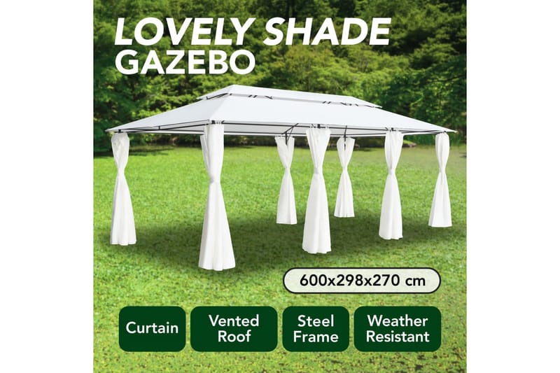 Paviljong med draperier 600x298x270 cm vit 180g/m² - Vit - Utemöbler - Solskydd - Paviljong - Komplett paviljong
