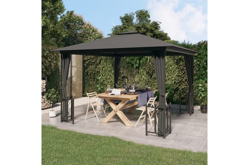 Paviljong med draperier och dubbelt tak 3x3 m antracit - Antracit - Utemöbler - Solskydd - Paviljong - Komplett paviljong