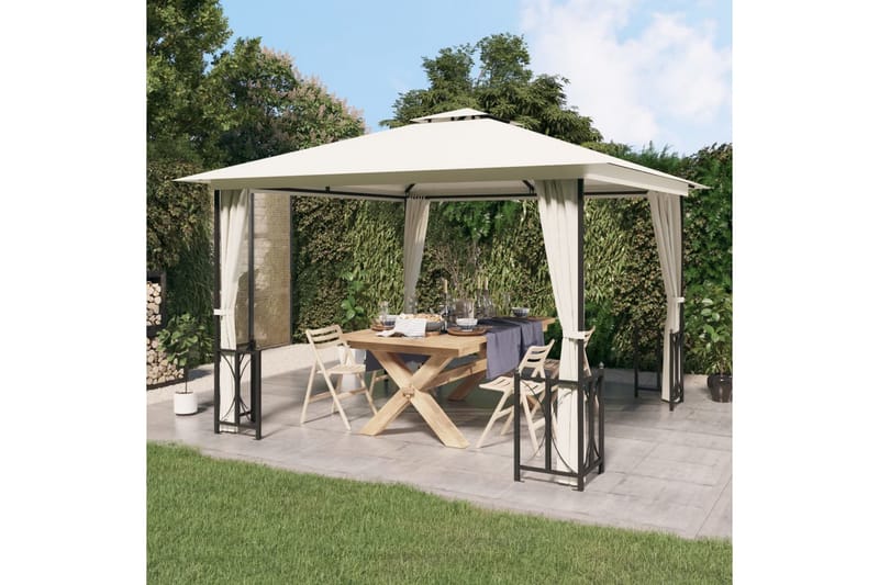 Paviljong med draperier och dubbelt tak 3x3 m gräddvit - Kräm - Utemöbler - Solskydd - Paviljong - Komplett paviljong