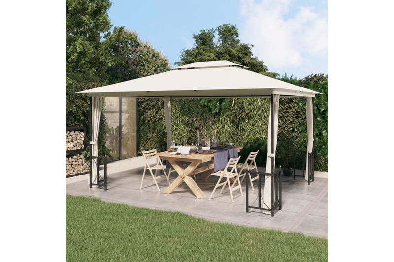 Paviljong med draperier och dubbelt tak 3x4 m gräddvit - Kräm - Utemöbler - Solskydd - Paviljong - Komplett paviljong