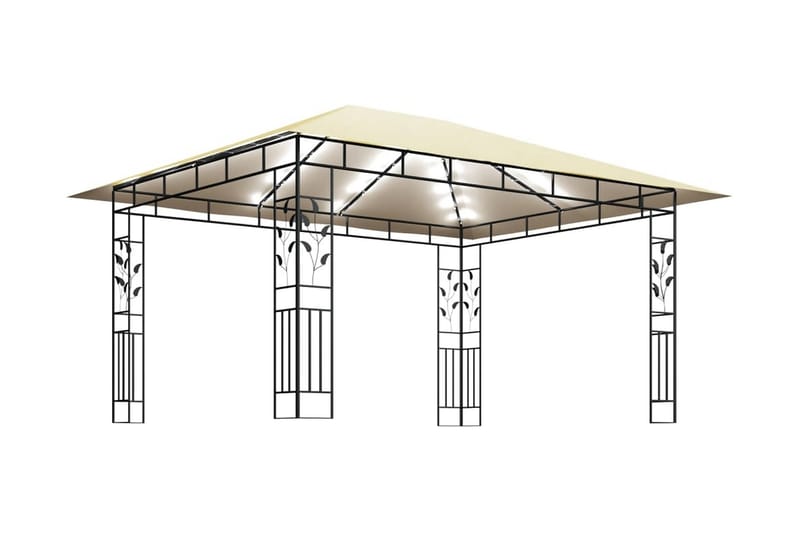 Paviljong med myggnät och ljusslinga LED 4x3x2,73 m gräddvit - Vit - Komplett paviljong