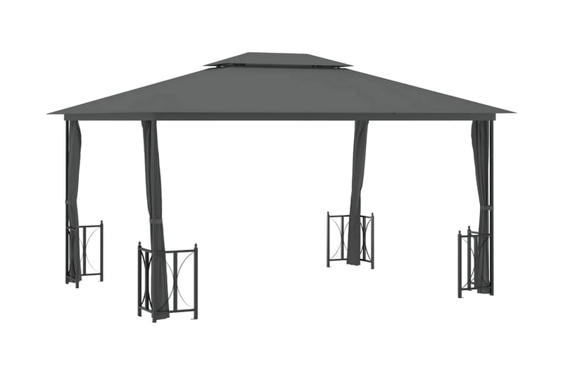 Paviljong med draperier och dubbelt tak 3x4 m antracit - Antracit - Komplett paviljong