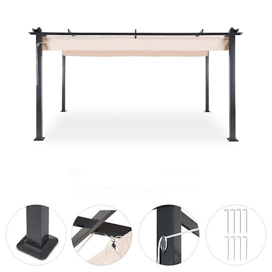 Pergola 300x400 cm | Justerbart solskydd | Mörkgrå aluminium - Mörkgrå ram och beige takduk - Utemöbler - Solskydd - Pergola