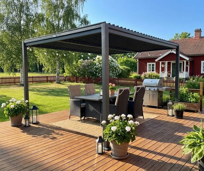 Pergola 4x3 m med lamelltak | Grå stålpergola för uteplats & trädgård - Utemöbler - Solskydd - Pergola