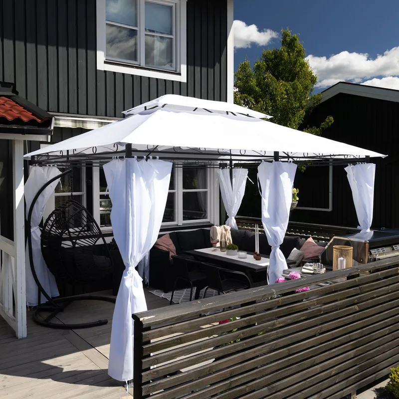 Paviljong 4x3m med väggar | Vit - Utemöbler - Solskydd - Pergola