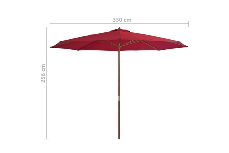 Trädgårdsparasoll med trästång vindröd 350 cm - Röd - Parasoll