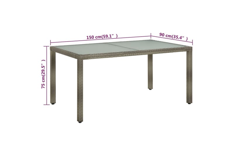 Trädgårdsbord 150x90x75 cm härdat glas och konstrotting grå - Grå - Matbord utomhus