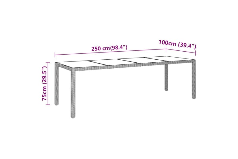 Utebord 250x100x75 cm härdat glas och konstrotting grå - Grå - Utemöbler - Utebord & trädgårdsbord - Matbord utomhus