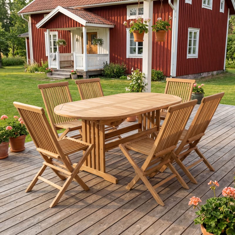 Utdragbart teakbord 150–210 cm för utomhusbruk med butterfly-funktion | Saltö - Utemöbler - Utebord & trädgårdsbord - Matbord utomhus