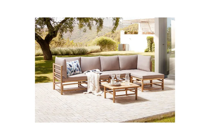 Hörnsoffa Cerreto Beige/ljust trä, 5-Sits - Beige/ljust trä, 5-Sits - Utemöbler - Loungemöbler - Soffgrupp utomhus