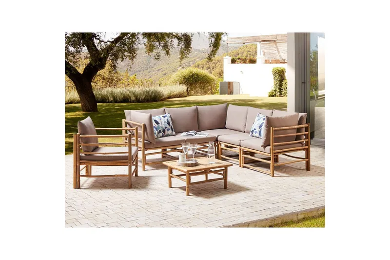 Hörnsoffa Cerreto Beige/ljust trä, 6-Sits - Beige/ljust trä, 6-Sits - Utemöbler - Loungemöbler - Soffgrupp utomhus
