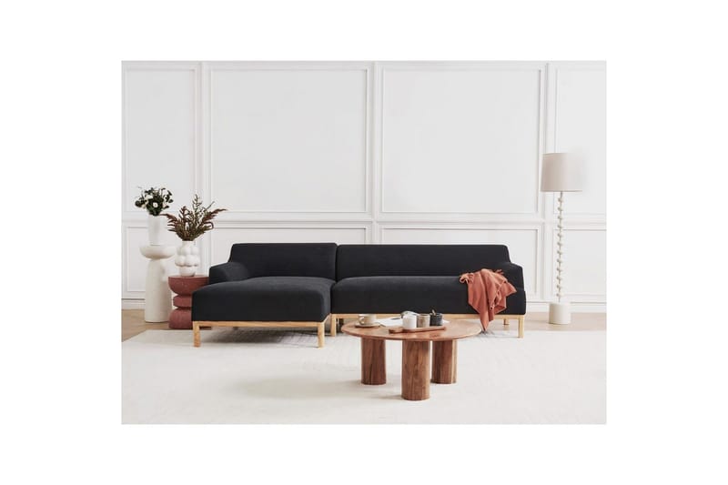 Hörnsoffa Sosjo Svart, ljust trä, Högervänd - Svart, ljust trä, Högervänd - Utemöbler - Utesoffa - Trädgårdssoffa