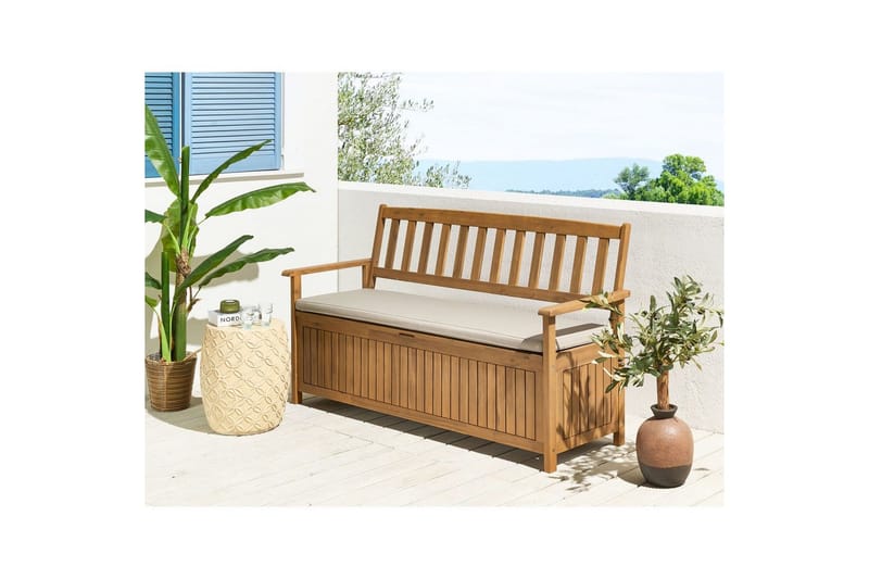 Trädgårdsbänk med dyna Sovana Ljus trä/beige/grå, 160 cm - Ljus trä/beige/grå, 160 cm - Utemöbler - Utesoffa - Trädgårdsbänk & utebänk