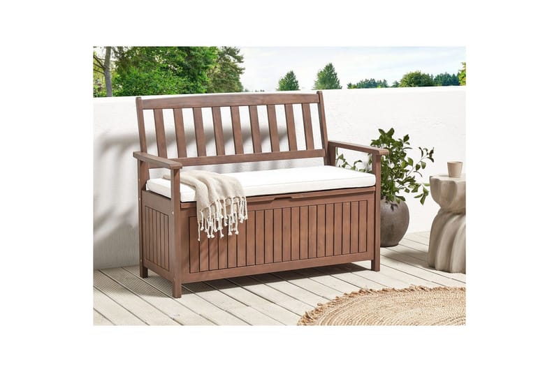 Trädgårdsbänk med dyna Sovana Mörk trä/vit, 120 cm - Mörk trä/vit, 120 cm - Utemöbler - Utesoffa - Trädgårdsbänk & utebänk