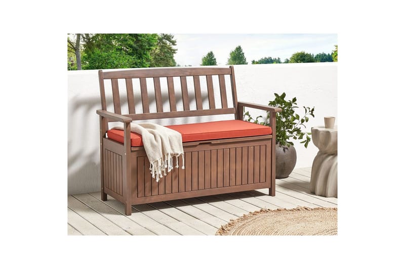Trädgårdsbänk med dyna Sovana Mörkt trä/rött, 120 cm - Mörkt trä/rött, 120 cm - Utemöbler - Utesoffa - Trädgårdsbänk & utebänk