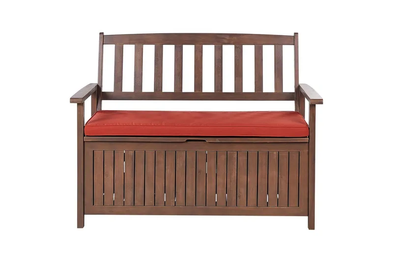 Trädgårdsbänk med dyna Sovana Mörkt trä/rött, 120 cm - Mörkt trä/rött, 120 cm - Utemöbler - Utesoffa - Trädgårdsbänk & utebänk