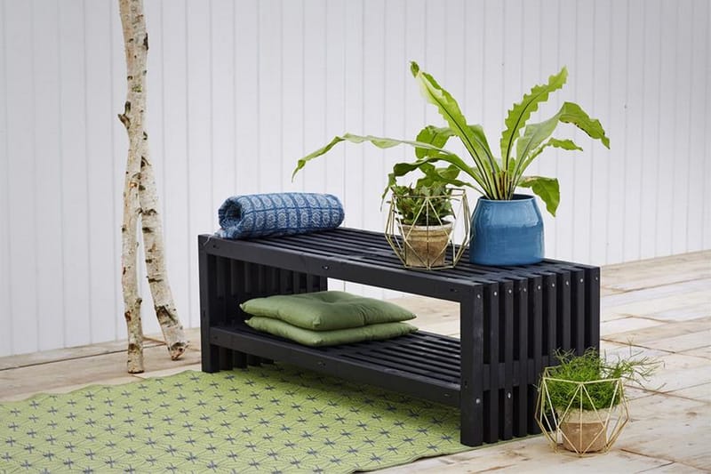 PLUS Rustik TrallBänk Utomhus Design 138x49x45 cm med Hylla - Svart - Utemöbler - Utesoffa - Trädgårdsbänk & utebänk