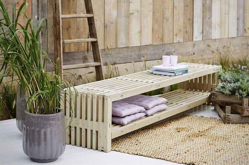 PLUS Rustik TrallBänk Utomhus Design 218x49x45cm med Hylla - Naturell - Utemöbler - Utesoffa - Trädgårdsbänk & utebänk