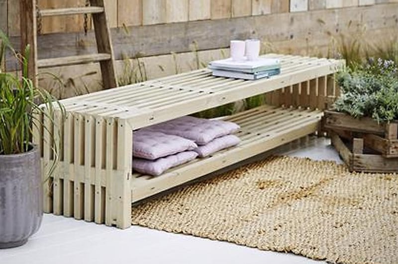 PLUS Rustik TrallBänk Utomhus Design 218x49x45cm med Hylla - Naturell - Utemöbler - Utesoffa - Trädgårdsbänk & utebänk