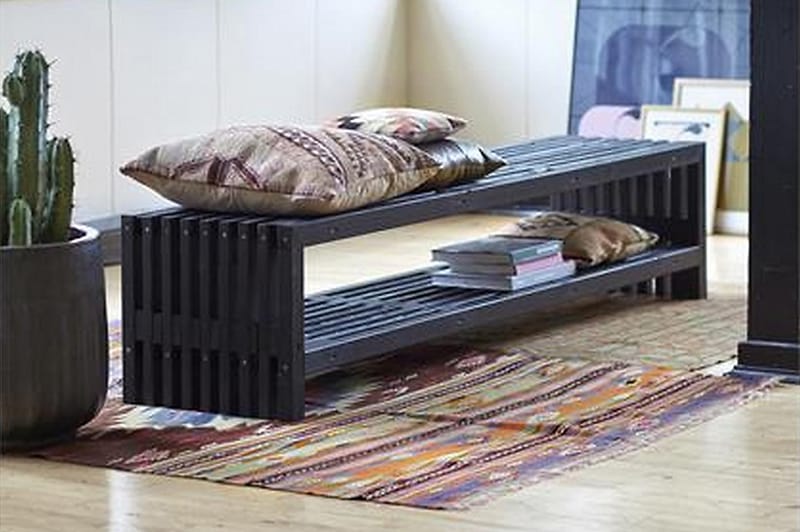 PLUS Rustik TrallBänk Utomhus Design 218x49x45cm med Hylla - Svart - Utemöbler - Utesoffa - Trädgårdsbänk & utebänk