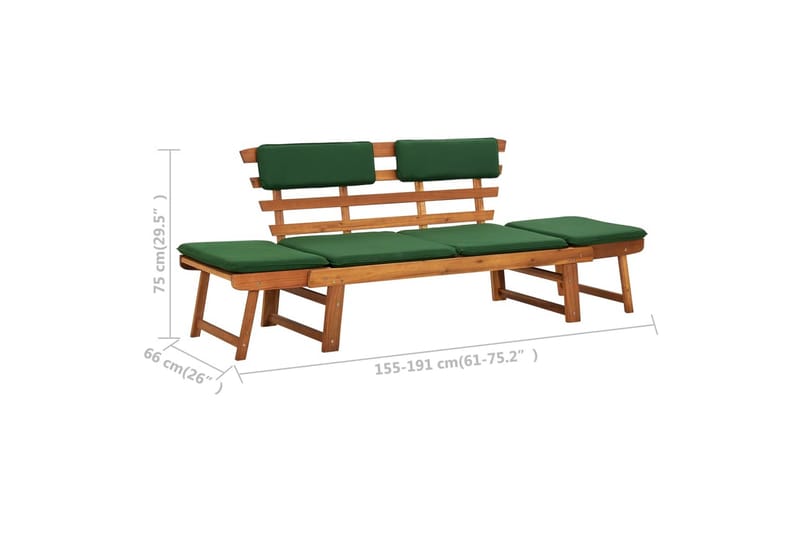 Trädgårdsbänk med dynor 2-i-1 190 cm massivt akaciaträ - Grön - Utemöbler - Utesoffa - Trädgårdsbänk & utebänk
