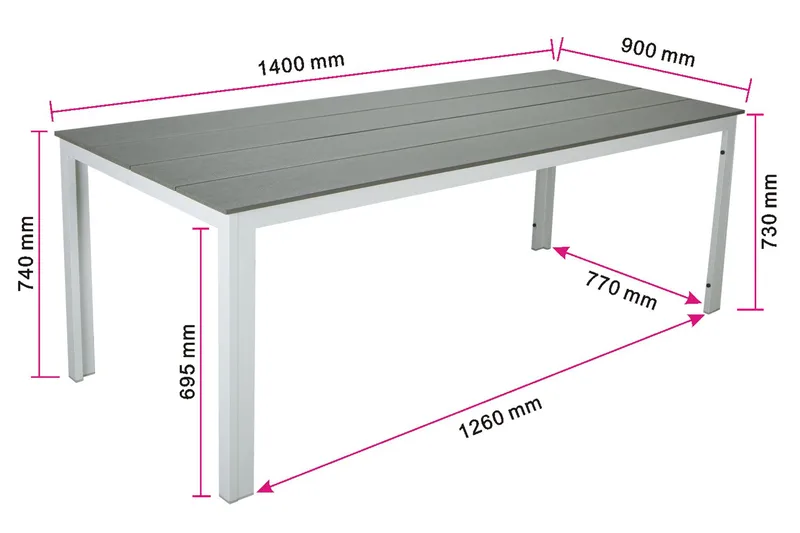 Tunis Rektangulärt Matbord utomhus 140x90 cm i plast och metall - Grå/Vit - Utemöbler - Utebord & trädgårdsbord - Matbord utomhus