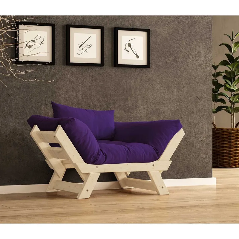 Zylar 2-sits Fällbar Bäddsoffa med Träram 75x140 cm i Linne, Lila|Beige