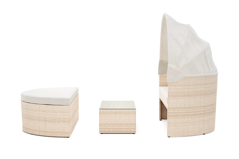 Florens Rund dubbel Solsäng med tak - Soffbord med glasskiva i konstrotting - Beige - Utemöbler - Utestol & trädgårdsstol - Solsäng & Solvagnar