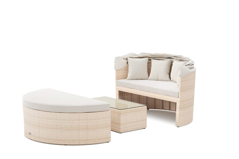 Florens Rund dubbel Solsäng med tak - Soffbord med glasskiva i konstrotting - Beige - Utemöbler - Utestol & trädgårdsstol - Solsäng & Solvagnar