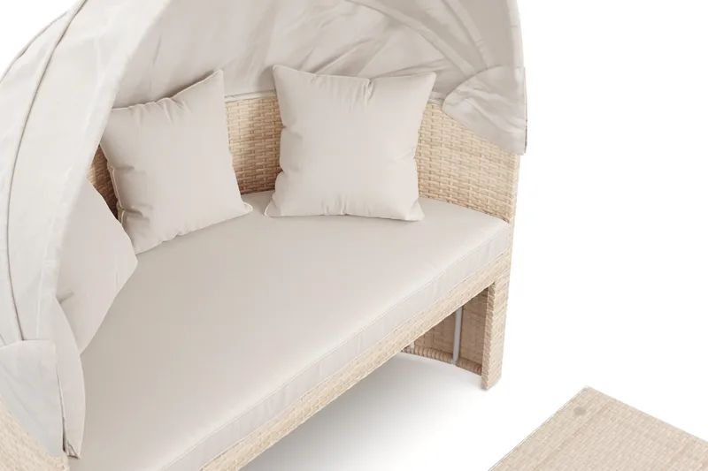 Florens Rund dubbel Solsäng med tak - Soffbord med glasskiva i konstrotting - Beige - Utemöbler - Utestol & trädgårdsstol - Solsäng & Solvagnar